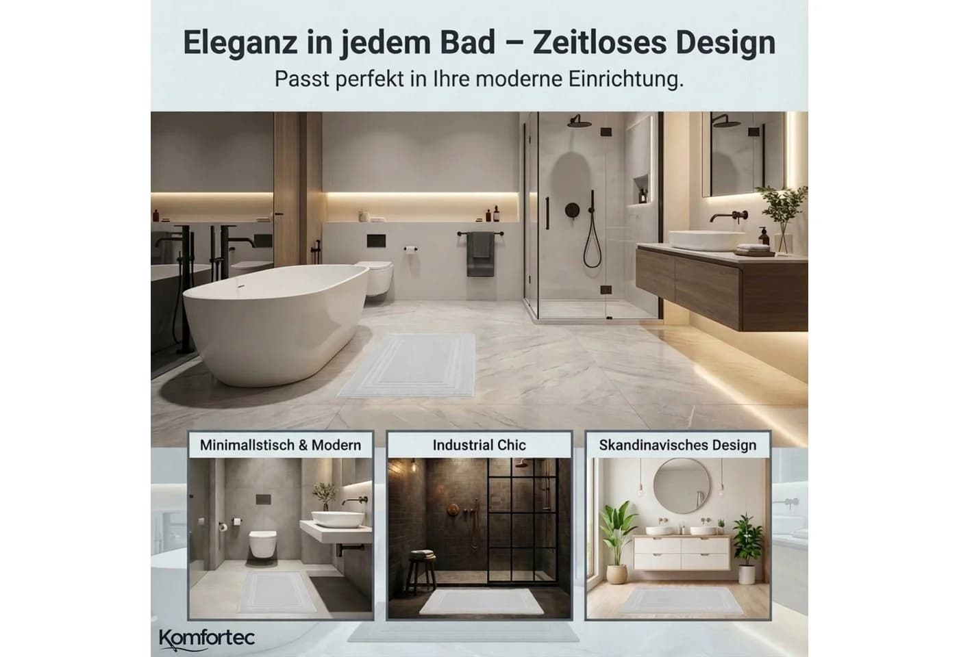 Komfortec Badematte 2er Set 100% Baumwolle Weiß Frottee - Bild 5