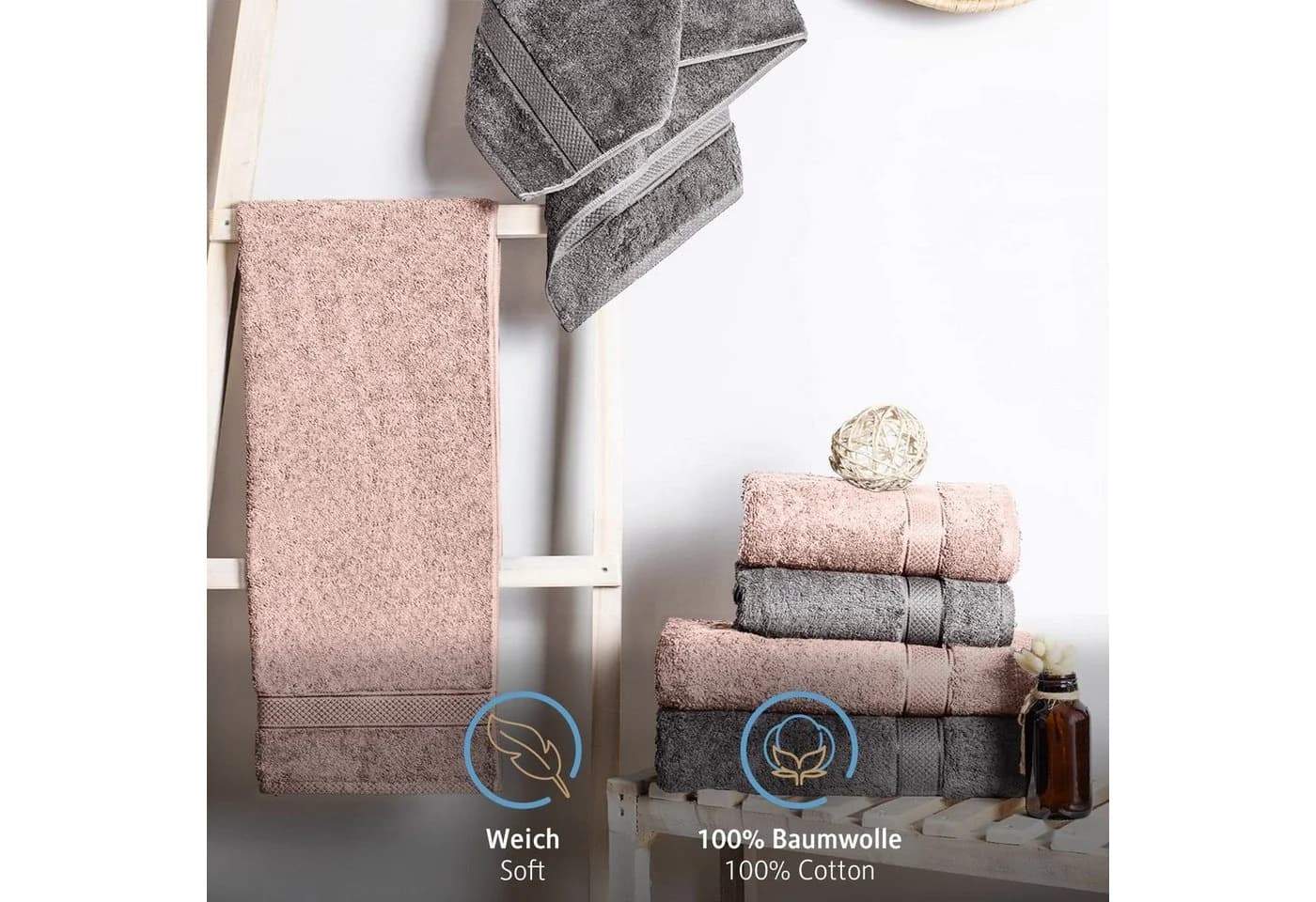 Komfortec Handtuch Set 8-tlg. Grau/Rosa 100% Baumwolle Frottee