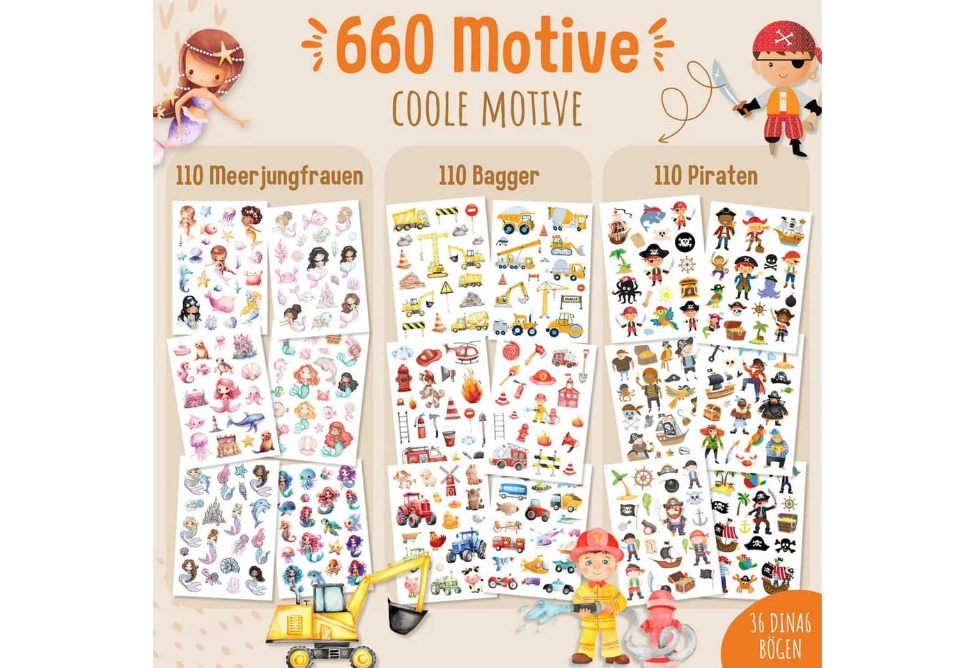 MeinBaby123® Kindertattoo 660 hautfreundliche Hauttattoos für Kinder, Geschenk für Mädchen, Mitgebsel Kindergeburtstag, Bagger, Dino, Tiere, Einhörner - Bild 3
