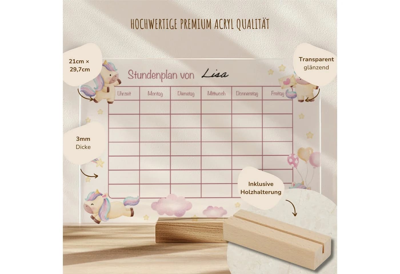 MeinBaby123® Stundenplan Acrylglas transparent DIN A4 mit Holzhalterung - Bild 5