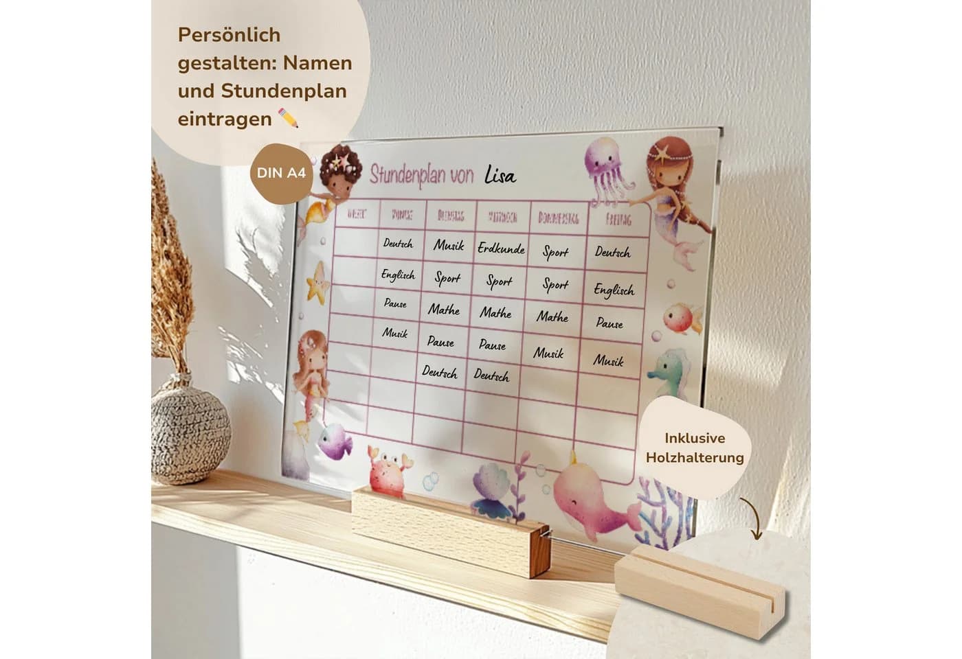 MeinBaby123® Stundenplan Acryl transparent inkl. Holzhalterung