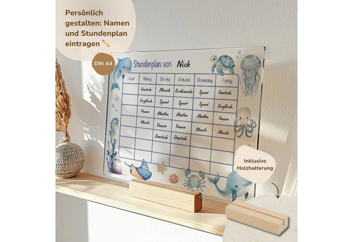 MeinBaby123® Stundenplan Acrylglas DIN A4 mit Holzhalterung