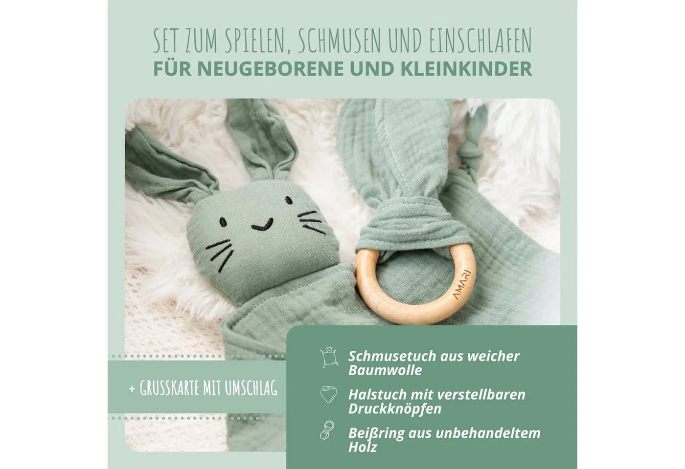 Amari Schmusetuch Hase mit Beißring und Lätzchen Grün