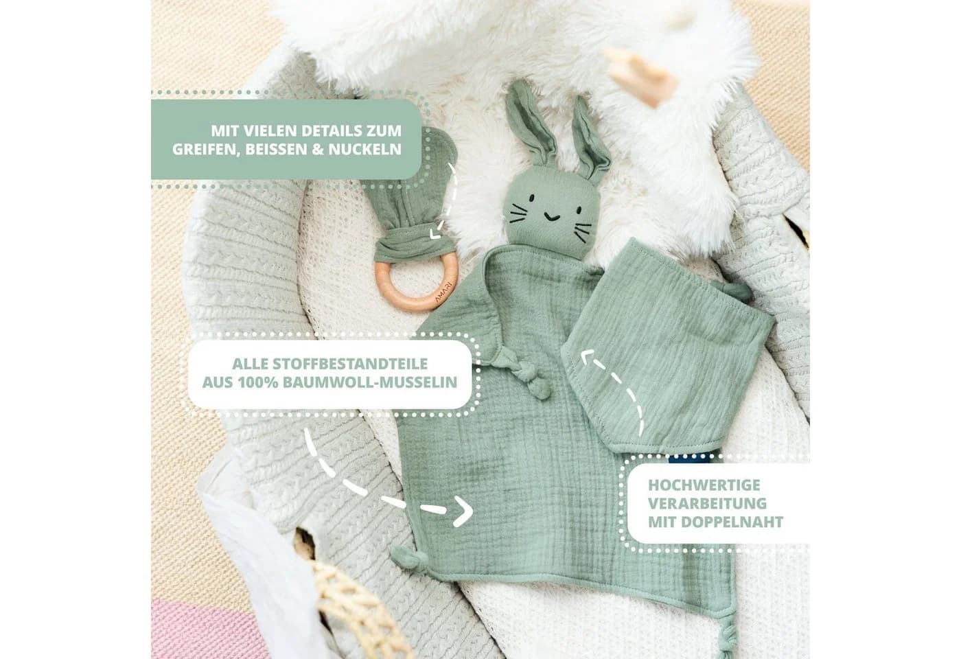 Amari Schmusetuch Hase mit Beißring und Lätzchen Grün - Bild 4