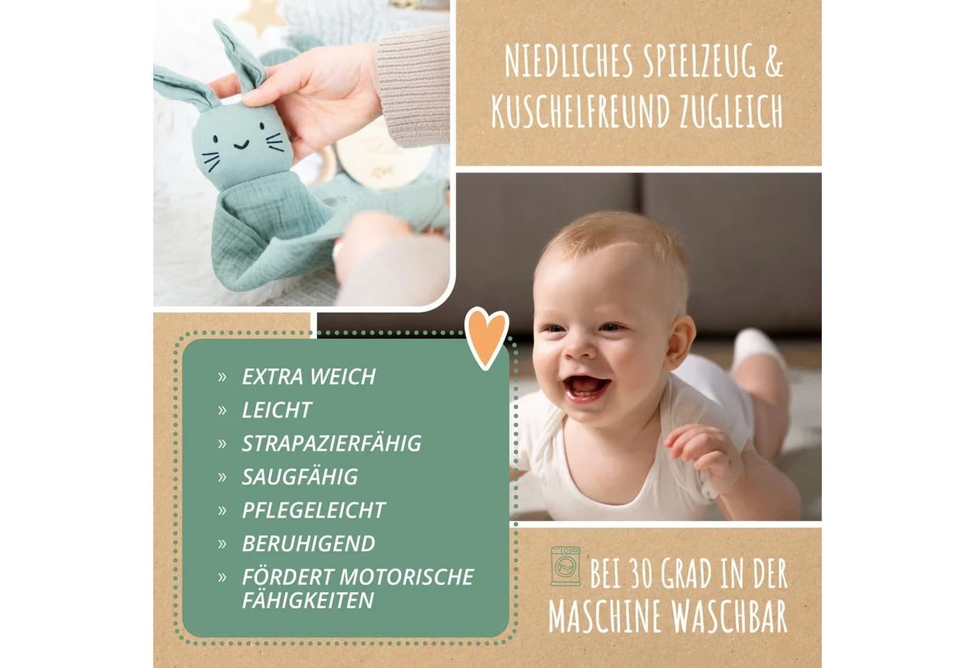 Amari Schmusetuch Hase mit Beißring und Lätzchen Grün - Bild 5
