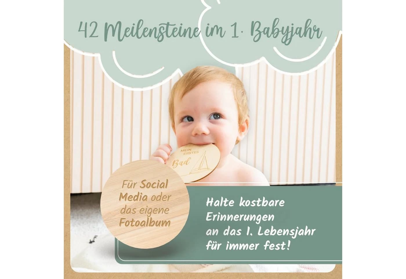 Amari Meilensteinkarten Baby aus Holz - 42 Meilensteine Holztafeln
