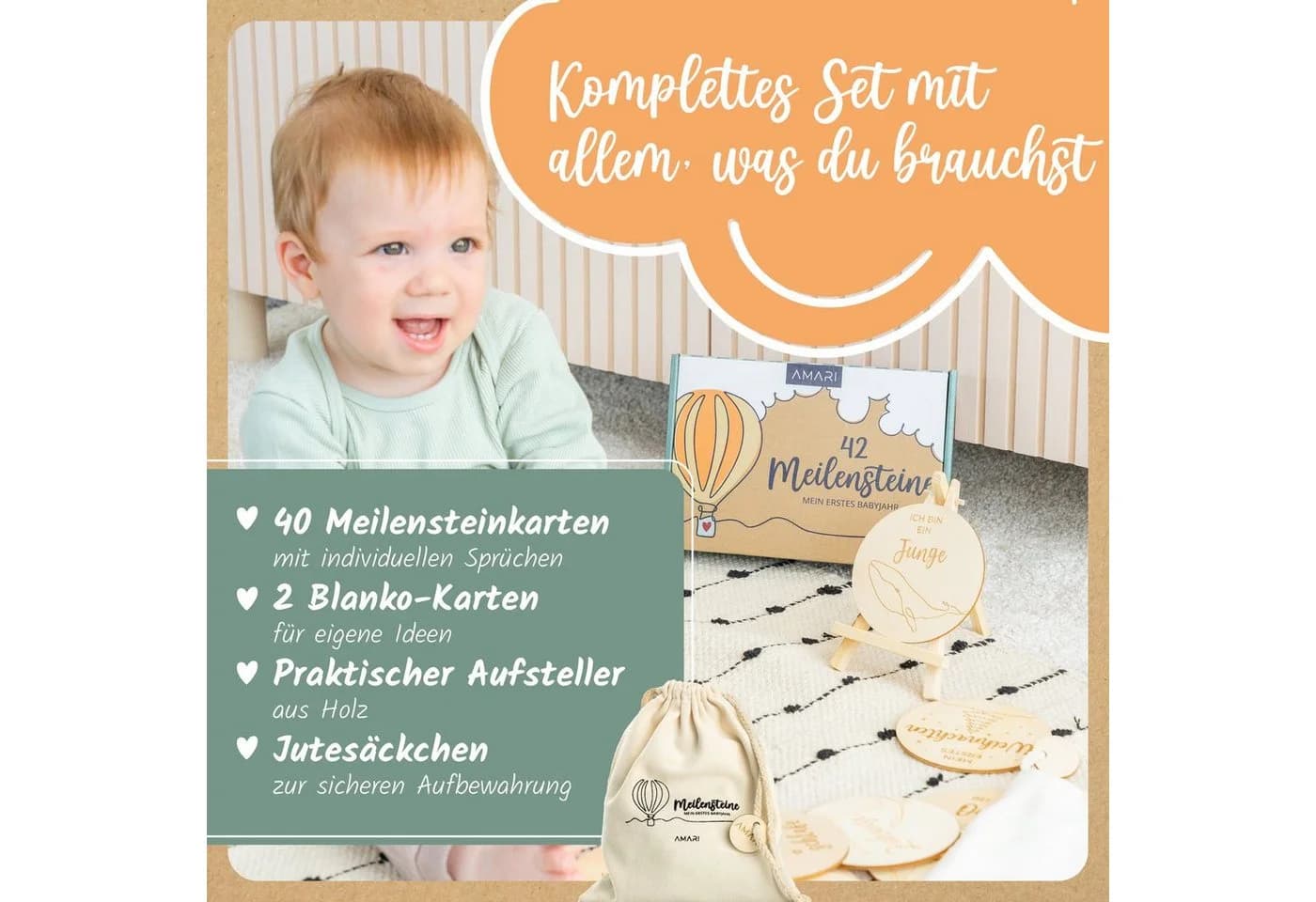 Amari Meilensteinkarten Baby aus Holz - 42 Meilensteine Holztafeln - Bild 3