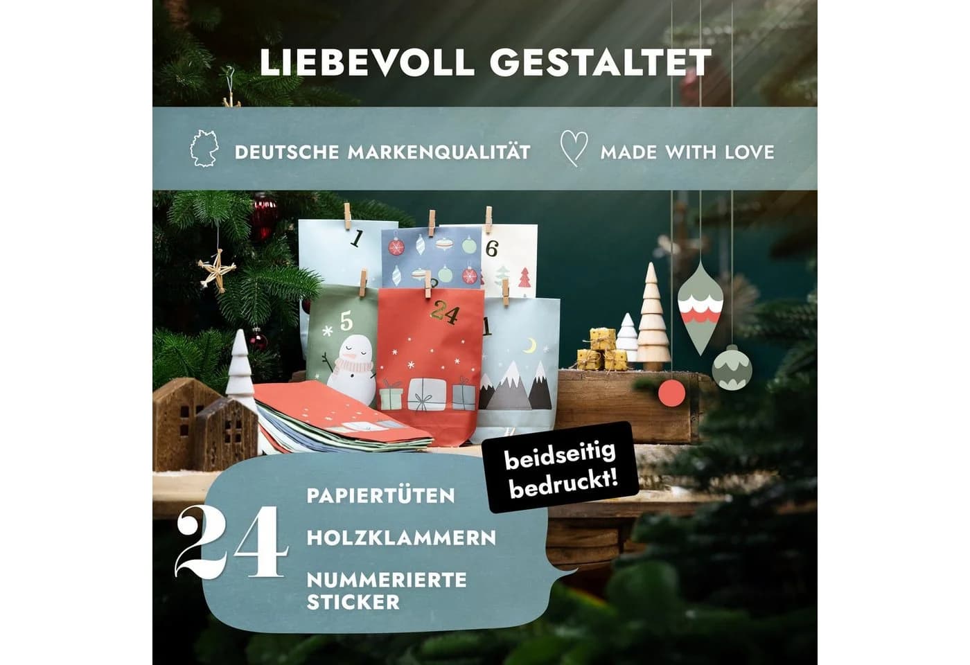 Amari befüllbarer Adventskalender 2026 mit 24 Papiertüten und Zahlen