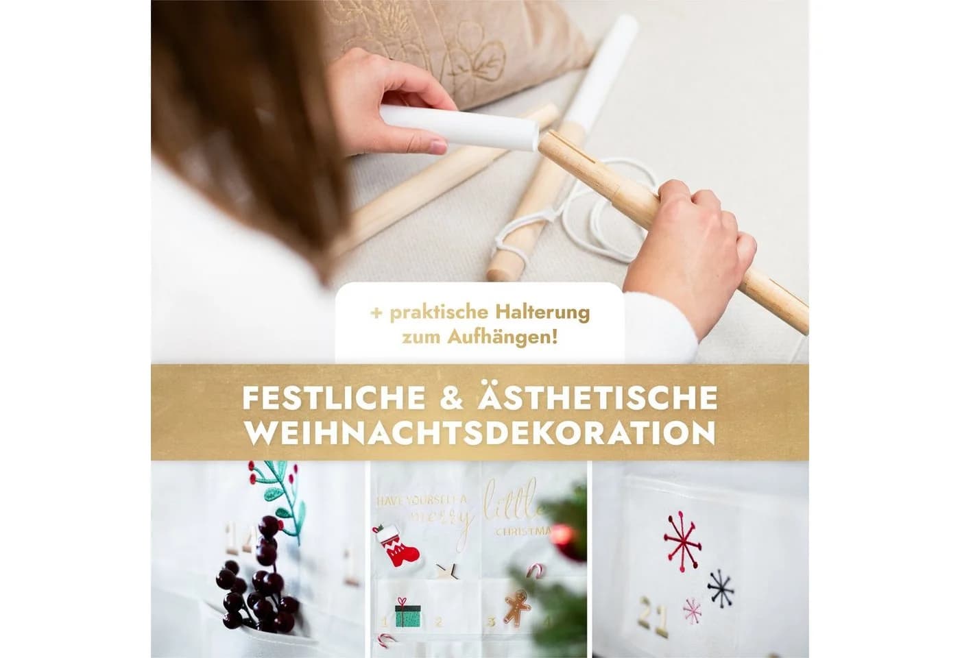Amari befüllbarer Adventskalender Wandkalender 24 Fächer Gold Stoff - Bild 3