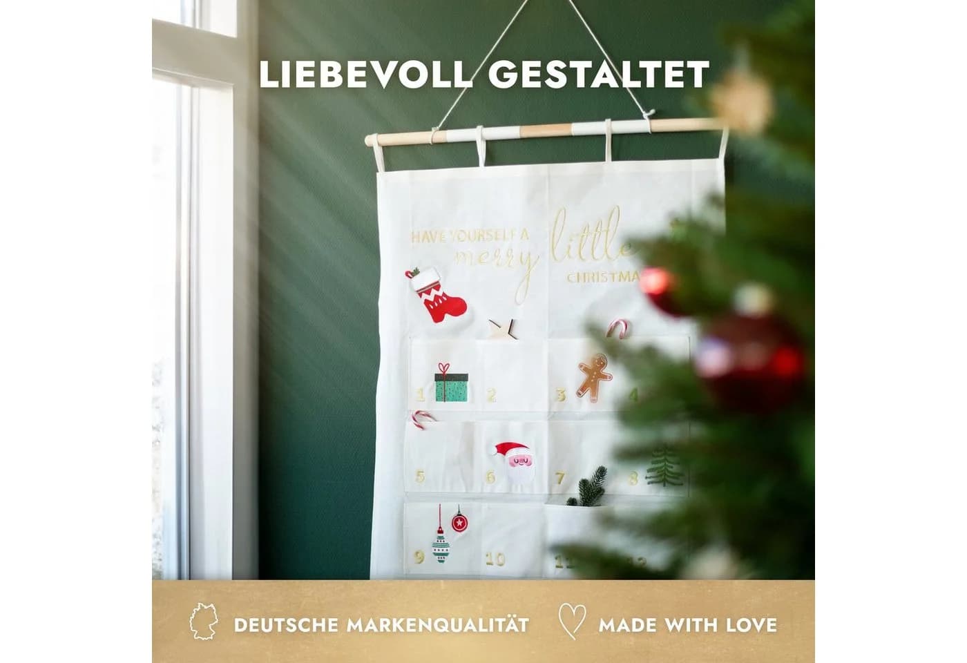Amari befüllbarer Adventskalender Wandkalender 24 Fächer Gold Stoff - Bild 4