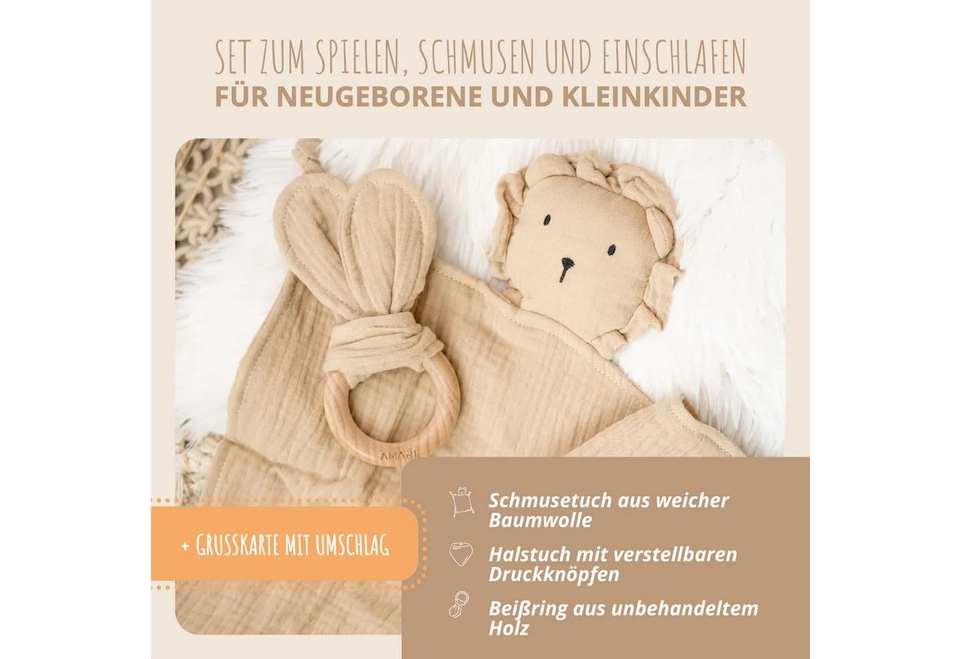 Amari Schmusetuch mit Beißring und Lätzchen - 100% Baumwolle Kuschelset
