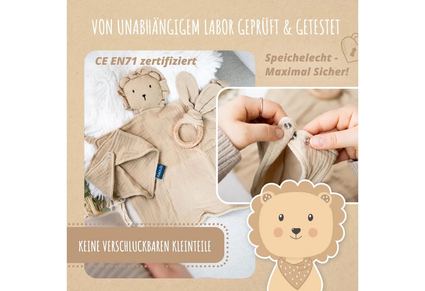 Amari Schmusetuch mit Beißring und Lätzchen - 100% Baumwolle Kuschelset - Bild 3