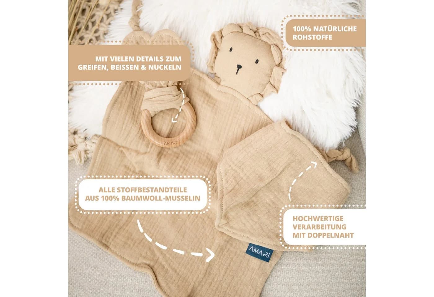 Amari Schmusetuch mit Beißring und Lätzchen - 100% Baumwolle Kuschelset - Bild 4