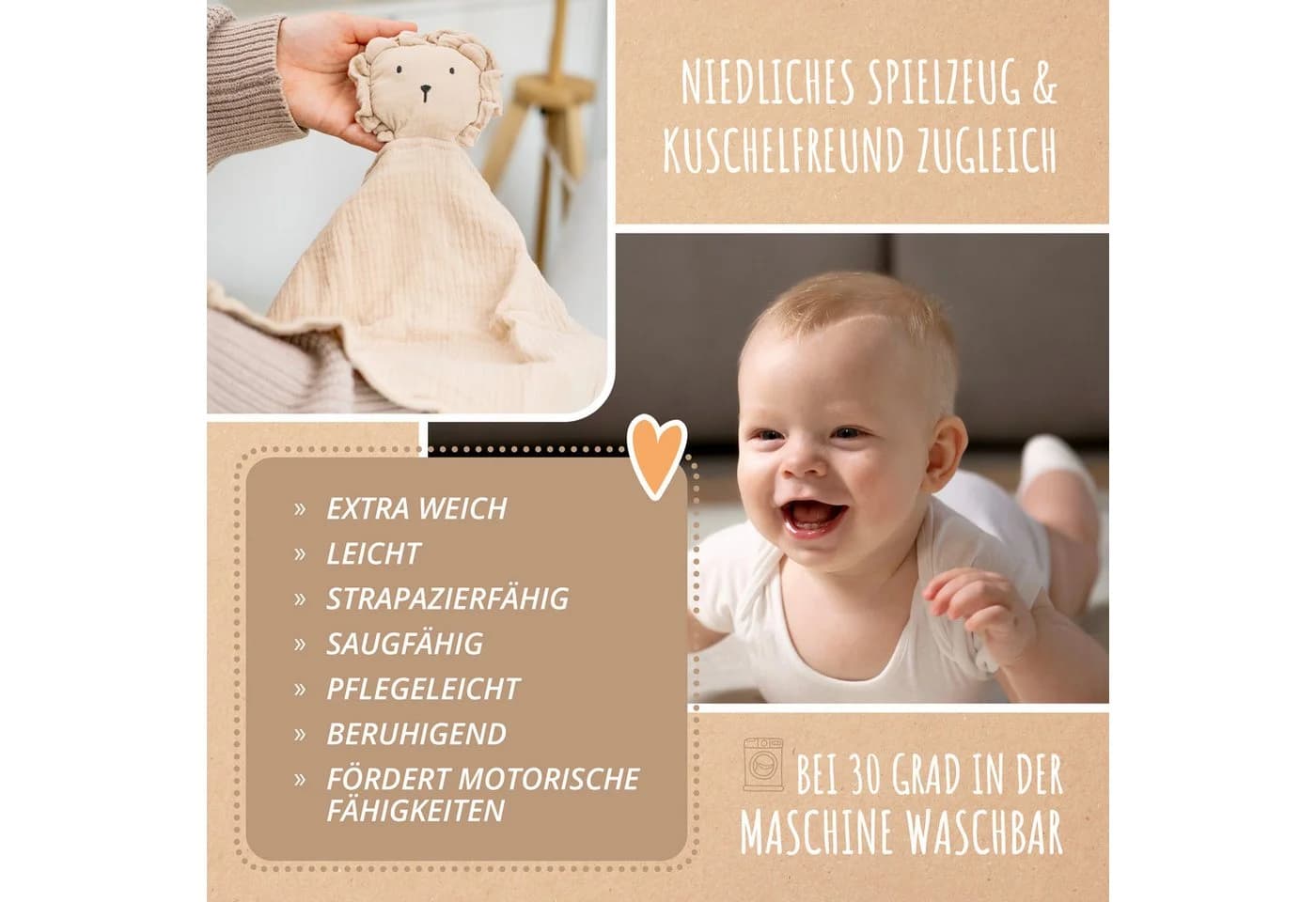 Amari Schmusetuch mit Beißring und Lätzchen - 100% Baumwolle Kuschelset - Bild 5