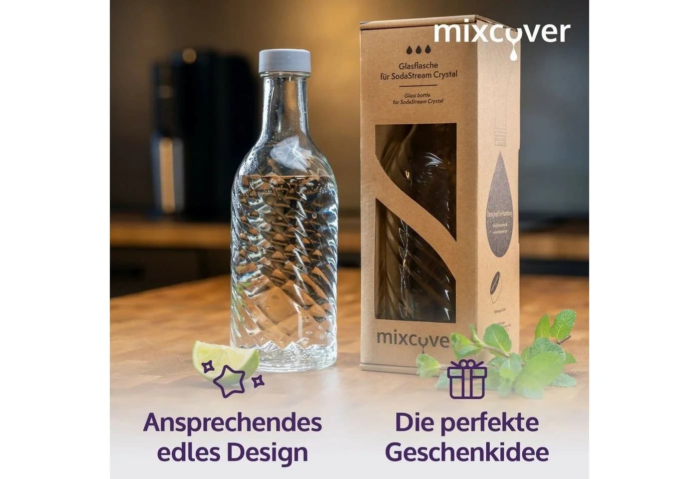 Mixcover Glasflasche kompatibel mit SodaStream Crystal 2.0, 0,65L, Transparent