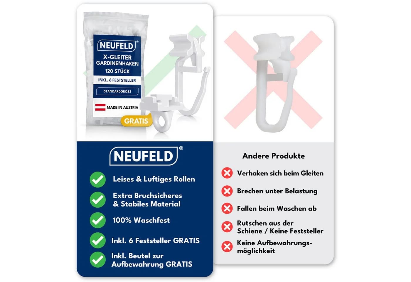 NEUFELD Gardinengleiter X-Gleiter 120 Stück inkl. 6 Feststeller