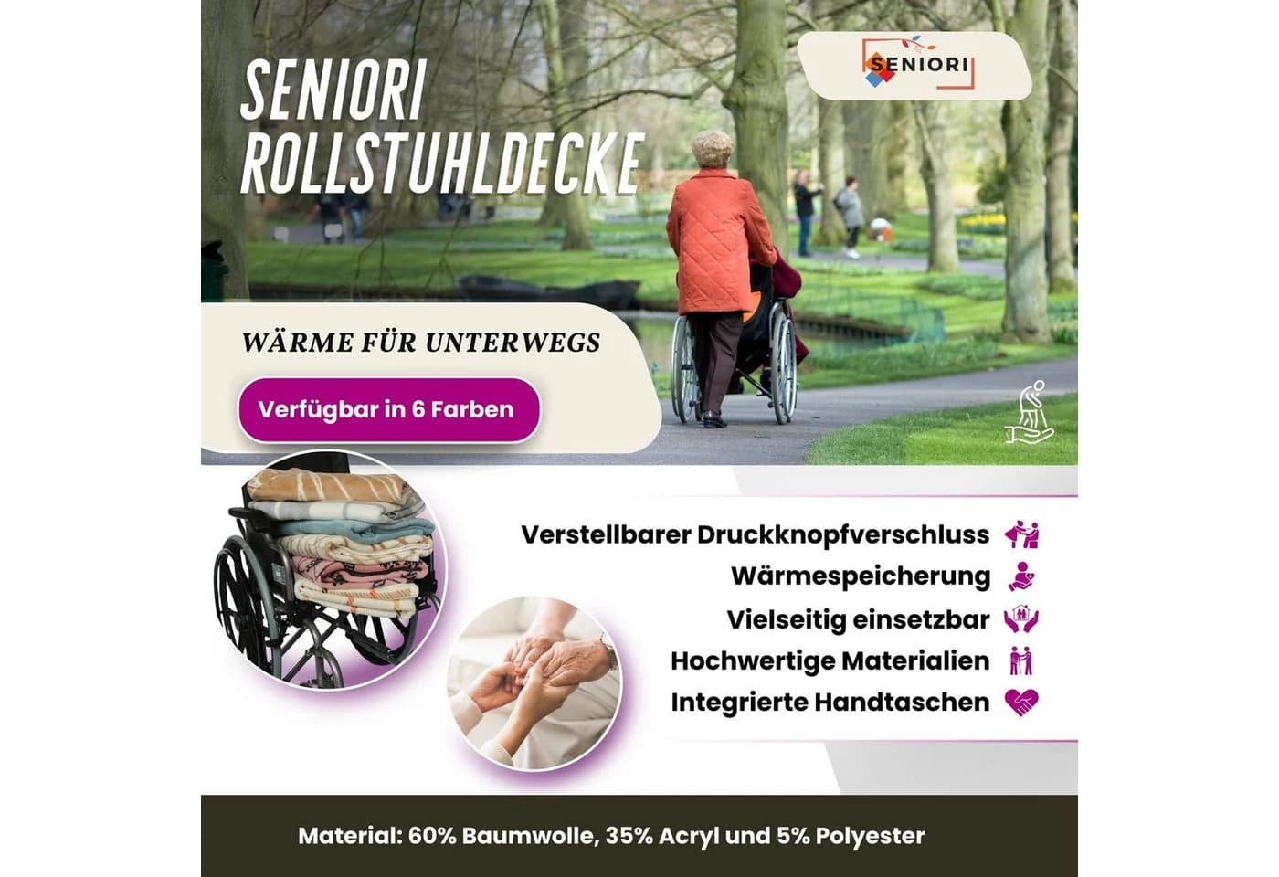 Seniori Rollstuhldecke Grau - Beindecke mit Taschen und Gürtel
