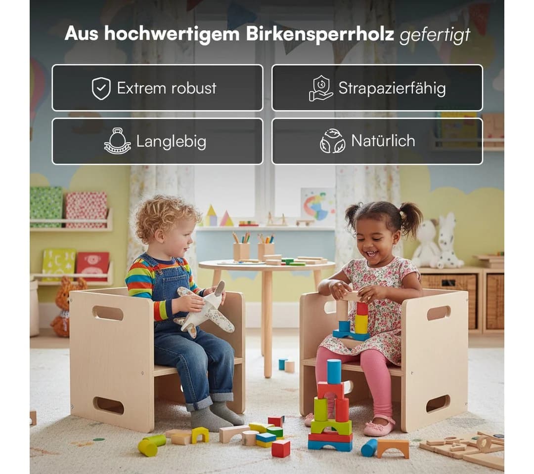 Bellabino Kindersitzgruppe Aki 2x Stuhl 3 Höhen Unbehandelt Birke - Bild 5