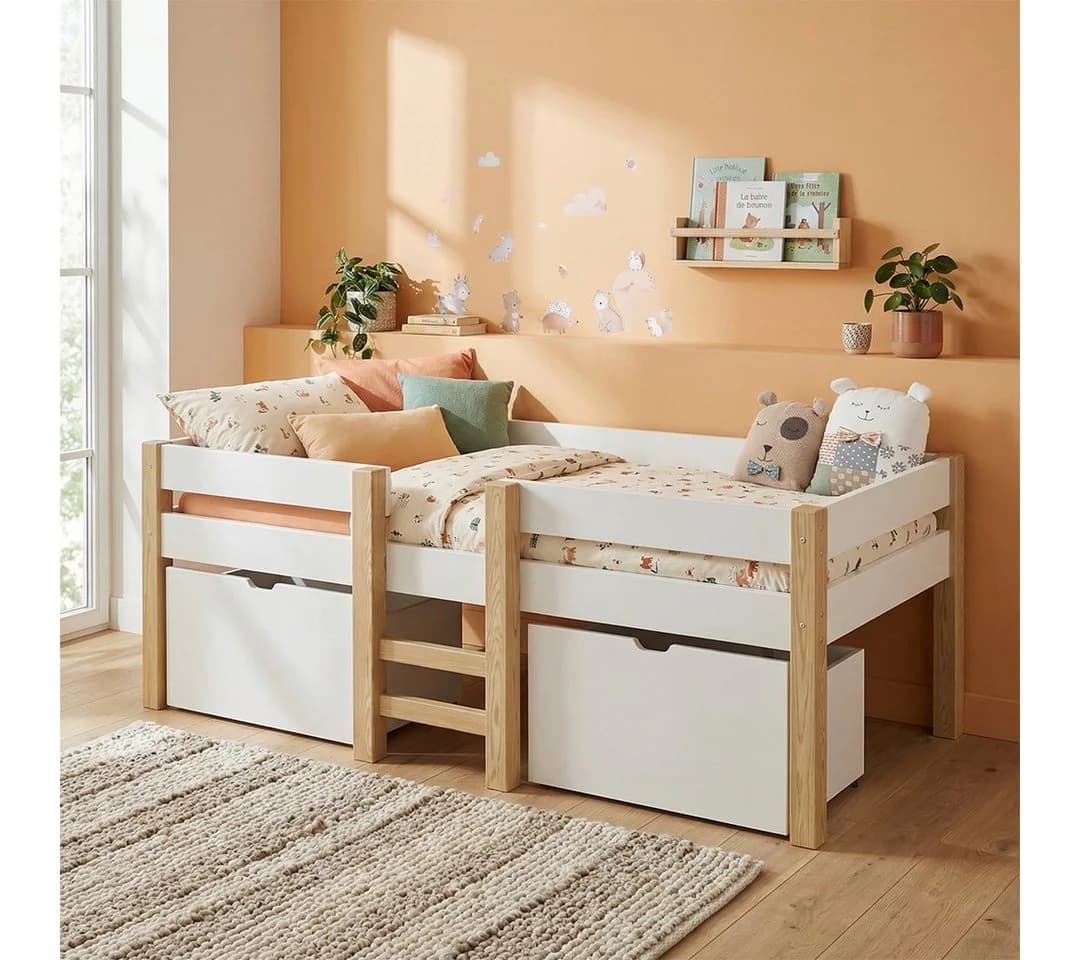 Bellabino Hochbett Aspy mit Schubladen und Rausfallschutz Weiß - Bild 2