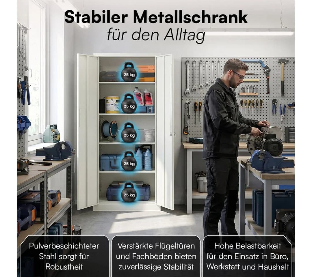 STEELSØN Aktenschrank Regulus Weiß Stahl abschließbar mit 4 Regalen - Bild 3