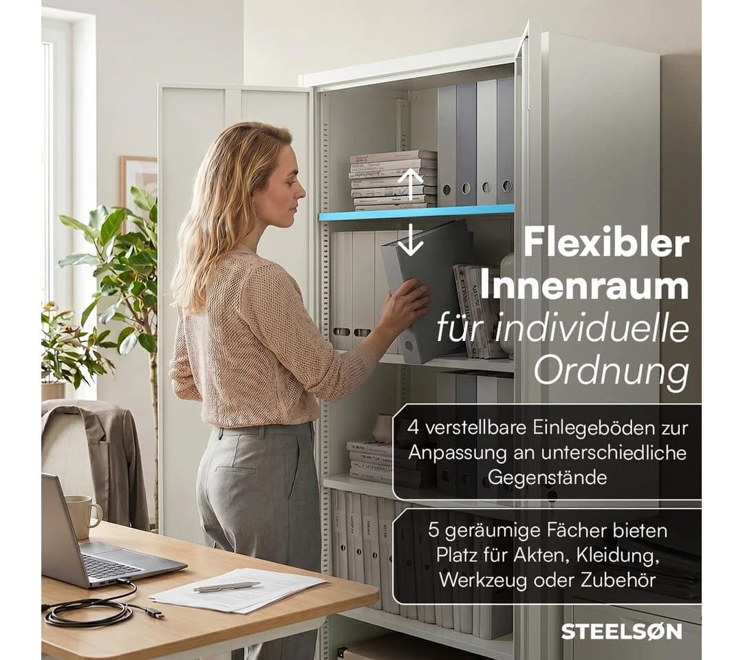 STEELSØN Aktenschrank Regulus Weiß Stahl abschließbar mit 4 Regalen - Bild 4