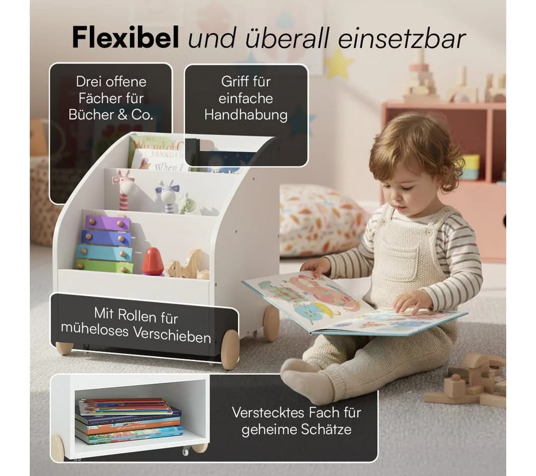 Bellabino Kinderregal Towy mit Rollen und Geheimfach Weiß - Bild 5
