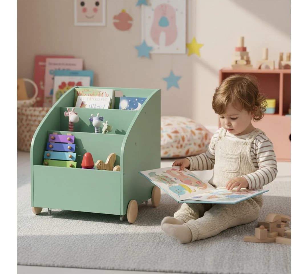 Bellabino Kinderregal Towy mit Rollen und Geheimfach - Mintgrün/Naturholz