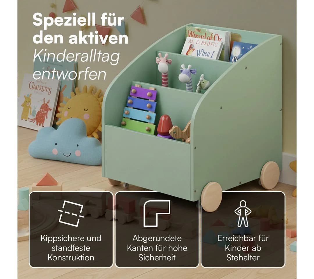 Bellabino Kinderregal Towy mit Rollen und Geheimfach - Mintgrün/Naturholz - Bild 4