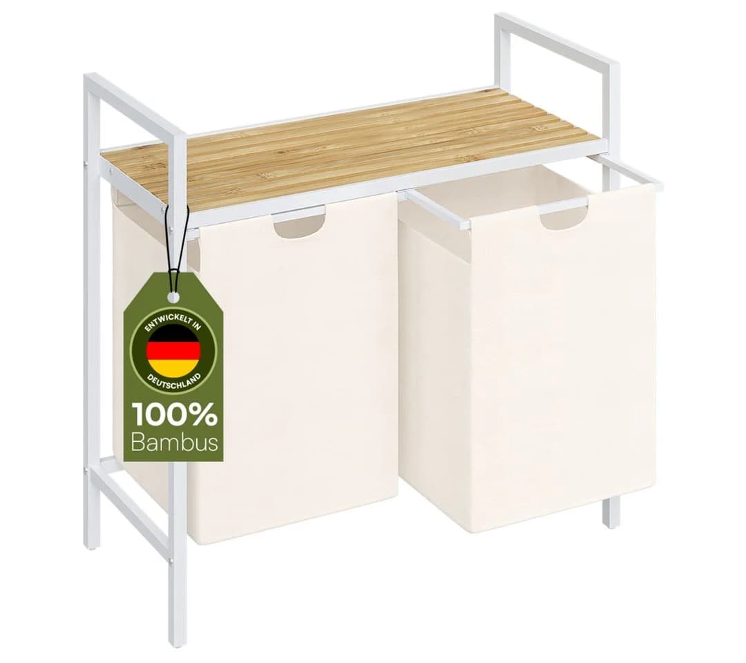 STEELSØN Wäschekorb Rigil 2 Fächer 90L Weiß Bambus Ablage - Bild 2