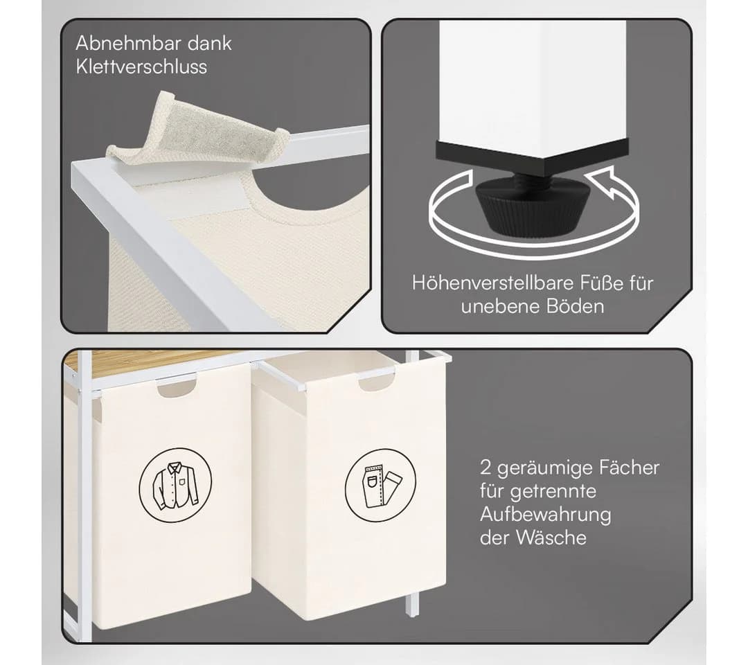 STEELSØN Wäschekorb Rigil 2 Fächer 90L Weiß Bambus Ablage - Bild 3