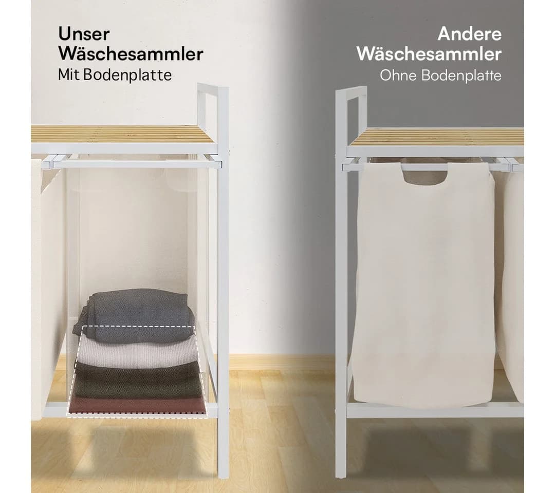 STEELSØN Wäschekorb Rigil 2 Fächer 90L Weiß Bambus Ablage - Bild 5