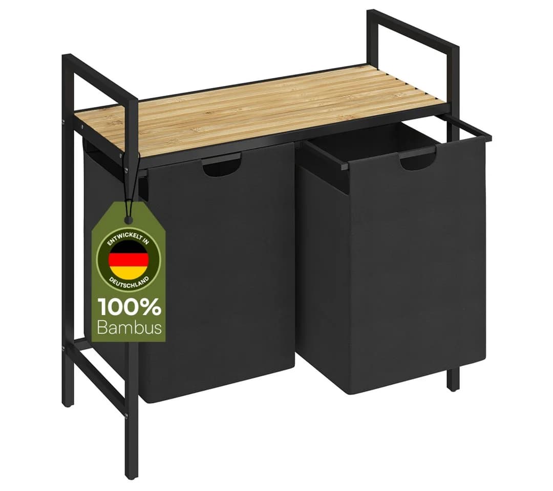 STEELSØN Wäschekorb Rigil 2 Fächer 90L Bambus Ablage Schwarz - Bild 2