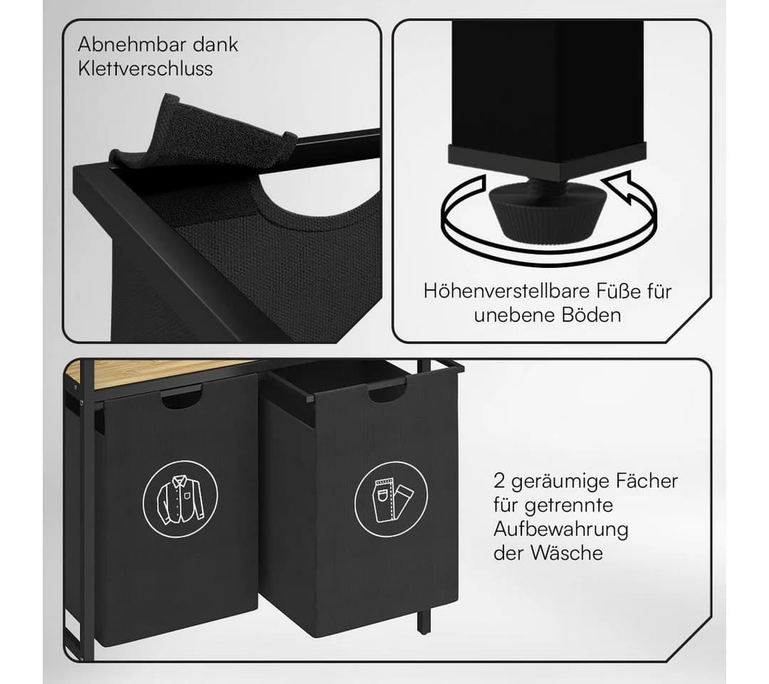 STEELSØN Wäschekorb Rigil 2 Fächer 90L Bambus Ablage Schwarz - Bild 3