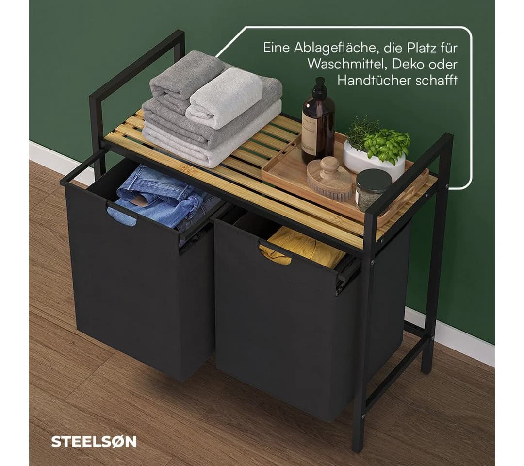 STEELSØN Wäschekorb Rigil 2 Fächer 90L Bambus Ablage Schwarz - Bild 4