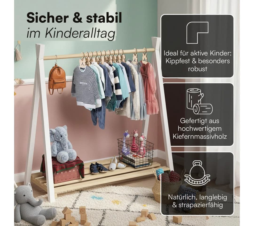 Bellabino Kleiderständer Ryck Tipi-Design Weiß Natur Massivholz - Bild 5
