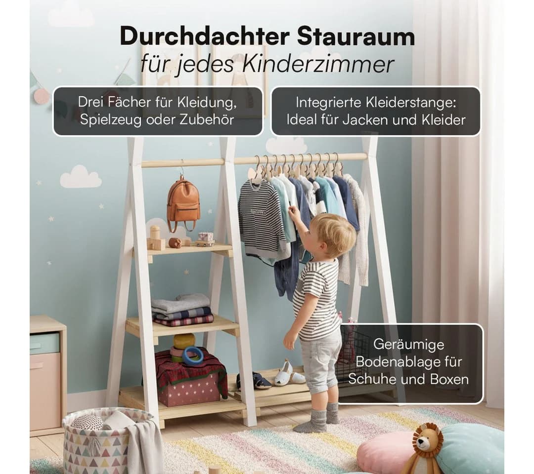 Bellabino Kleiderständer Ryck Tipi-Design Weiß Kiefer Massivholz - Bild 3