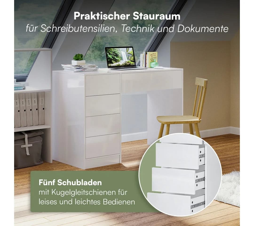 Bellamio Schreibtisch Livny Weiß 5 Schubladen Push-To-Open - Bild 3
