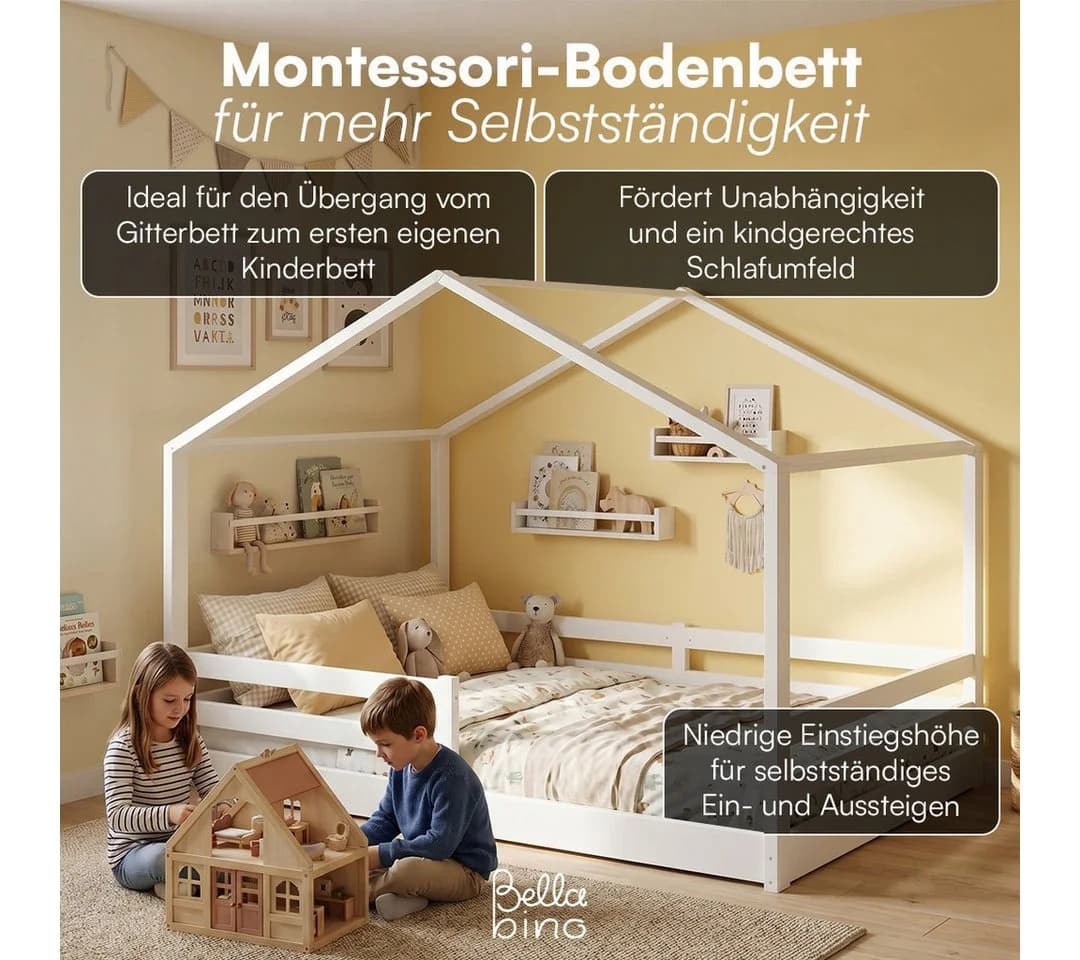 Bellabino Hausbett Abia mit Matratze und Rausfallschutz Weiß
