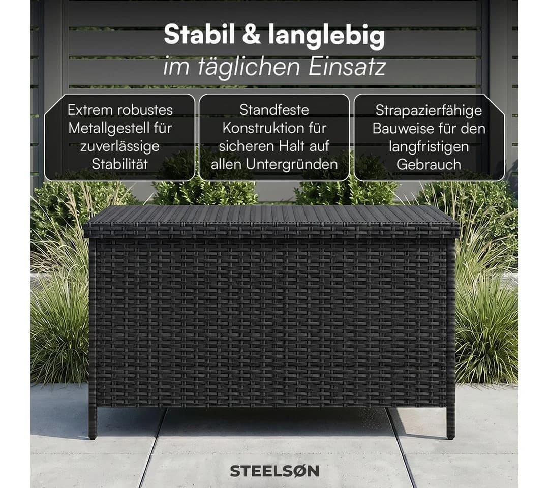 STEELSØN Aufbewahrungsbox Serion Gartenkiste Polyrattan Schwarz