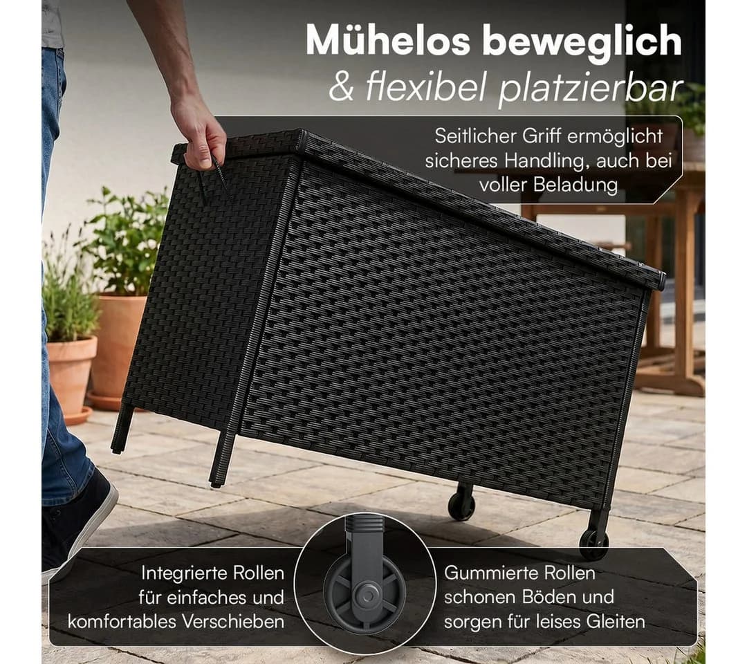 STEELSØN Aufbewahrungsbox Serion Gartenkiste Polyrattan Schwarz mit Rollen - Bild 4