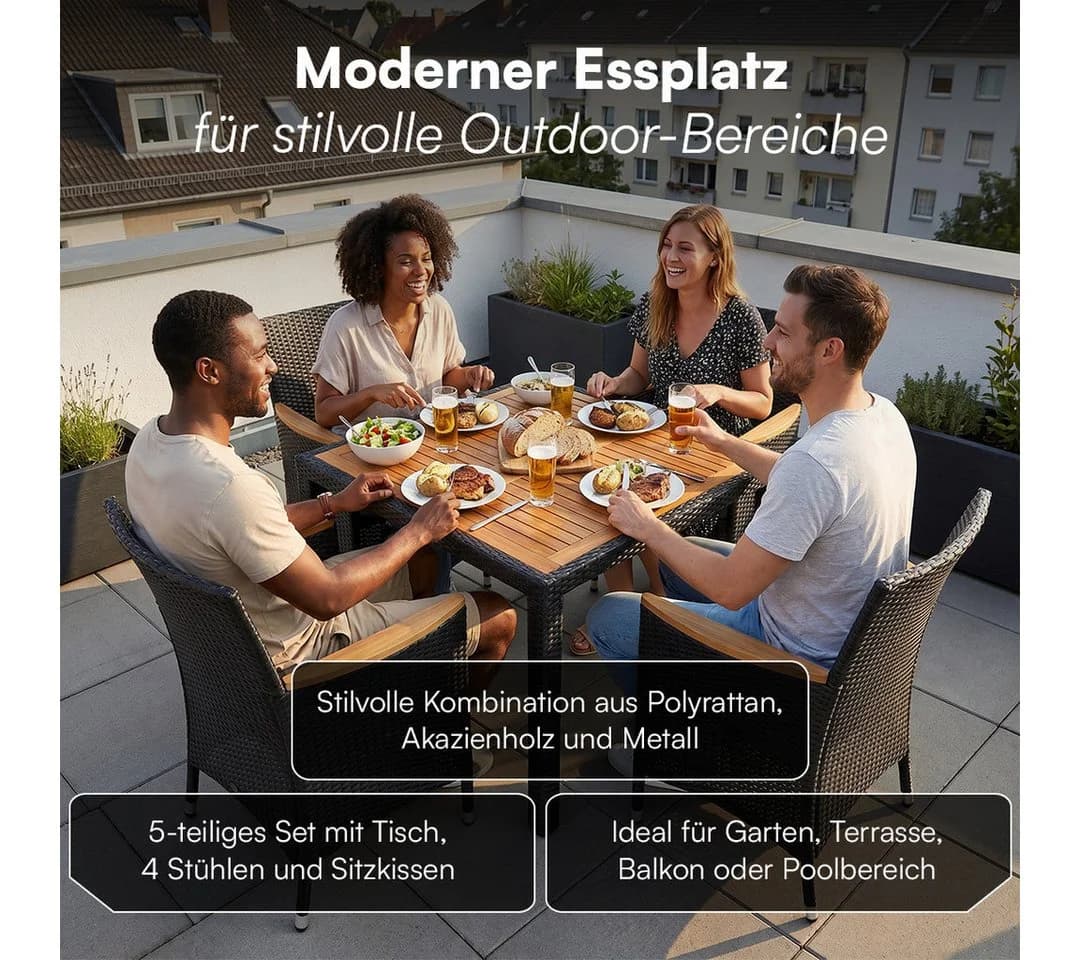 STEELSØN Garten-Essgruppe Fawaris Schwarz Polyrattan Akazienholz 5-tlg.