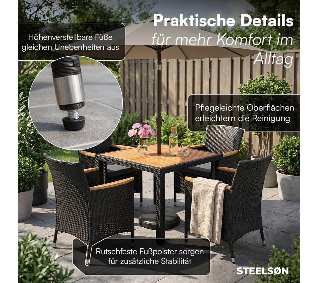 STEELSØN Garten-Essgruppe Fawaris Schwarz Polyrattan Akazienholz 5-tlg. - Bild 3