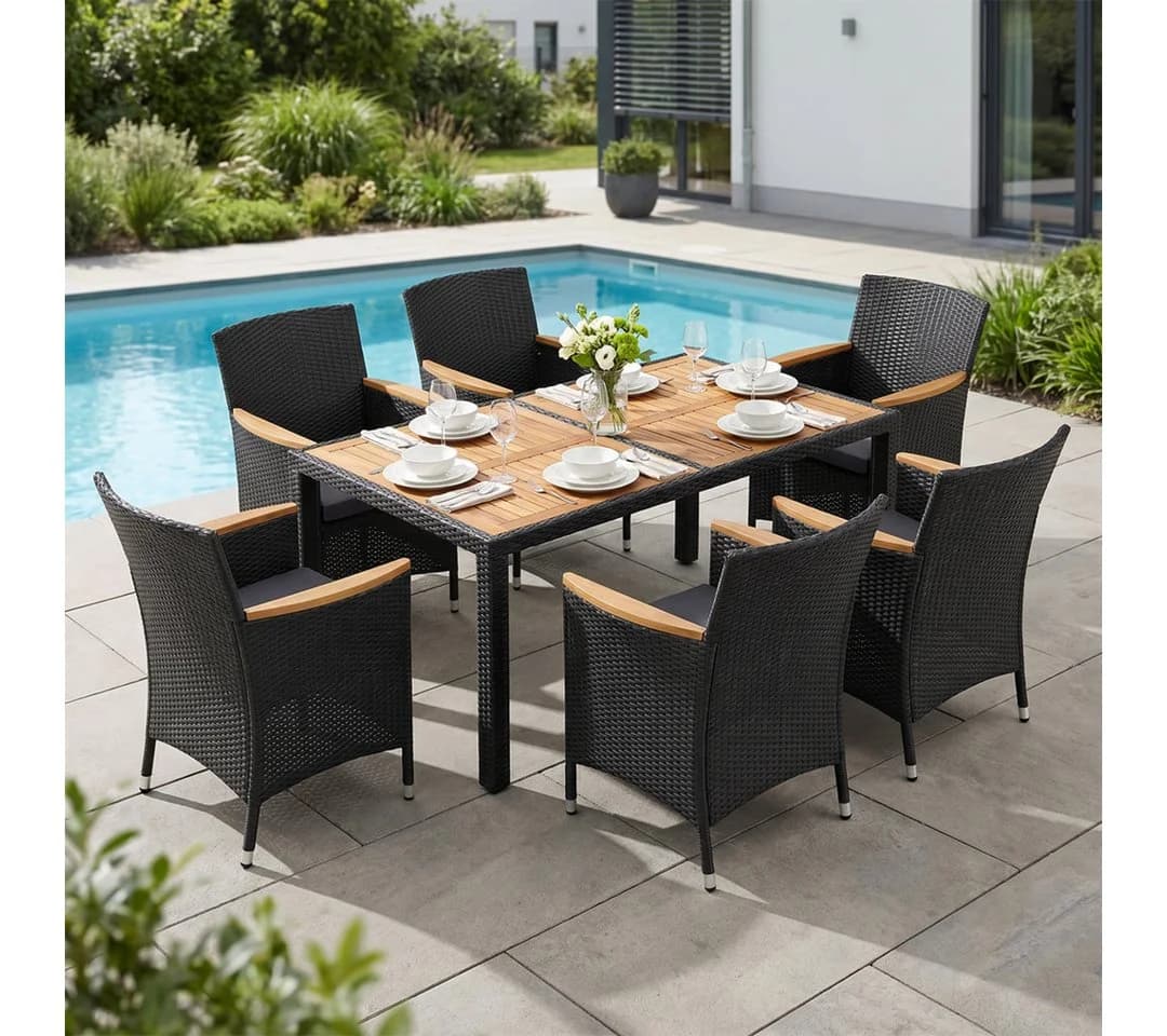 STEELSØN Garten-Essgruppe Fawaris Schwarz Polyrattan Akazienholz 7-tlg. - Bild 2