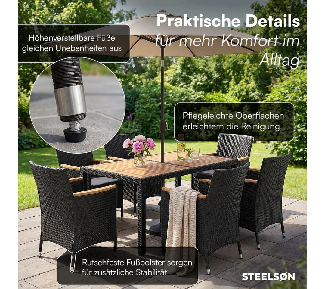 STEELSØN Garten-Essgruppe Fawaris Schwarz Polyrattan Akazienholz 7-tlg. - Bild 3