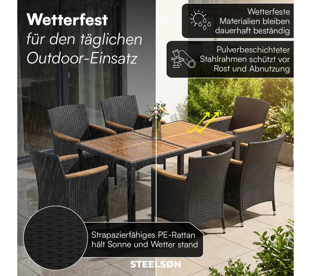 STEELSØN Garten-Essgruppe Fawaris Schwarz Polyrattan Akazienholz 7-tlg. - Bild 4
