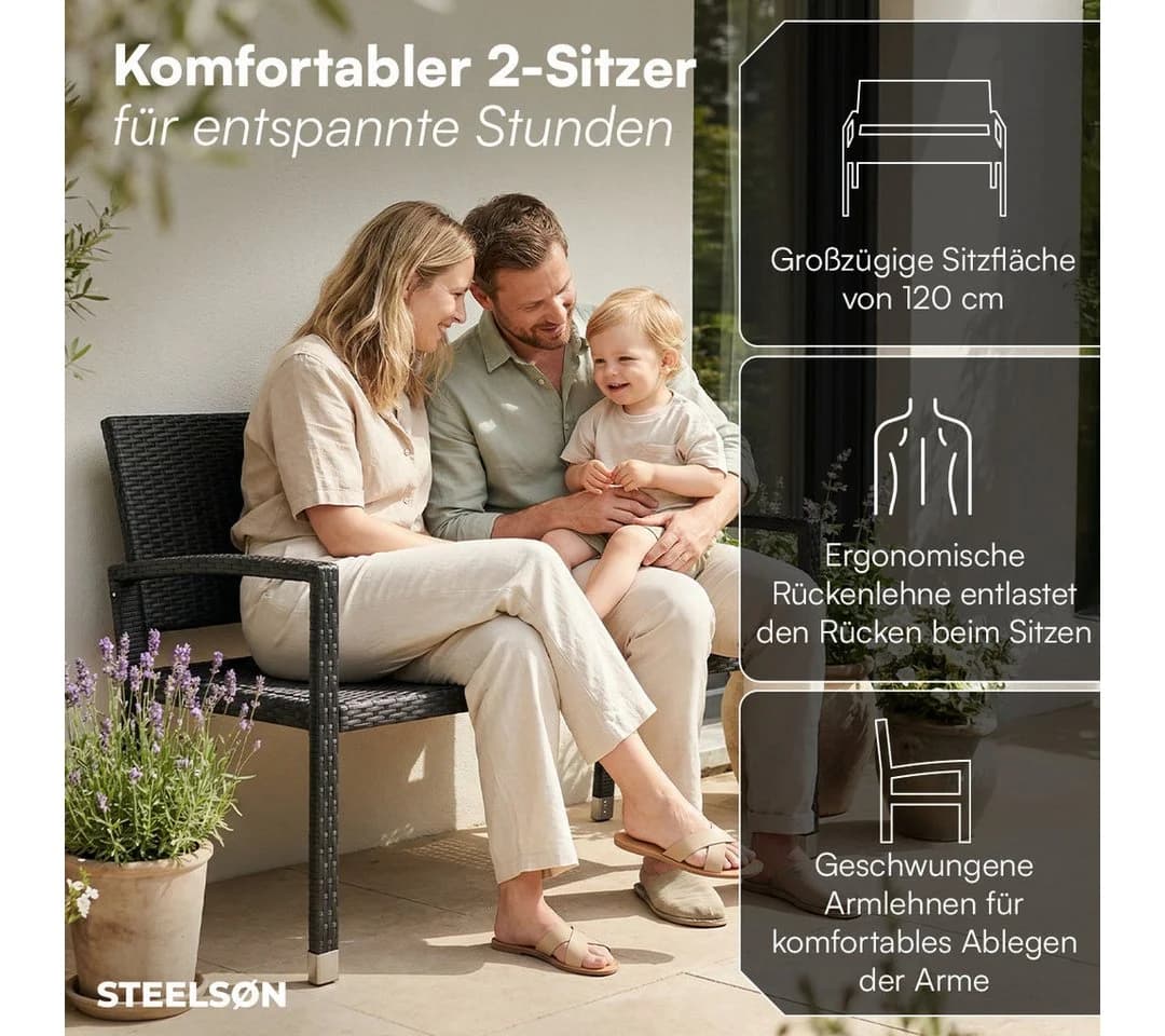 STEELSØN Gartenbank Mirador 2-Sitzer Polyrattan Schwarz - Bild 4