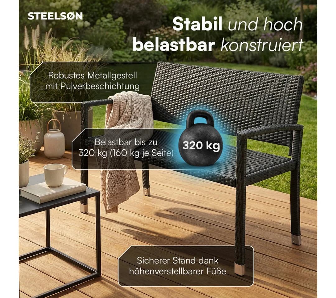 STEELSØN Gartenbank Mirador 2-Sitzer Polyrattan Schwarz - Bild 5