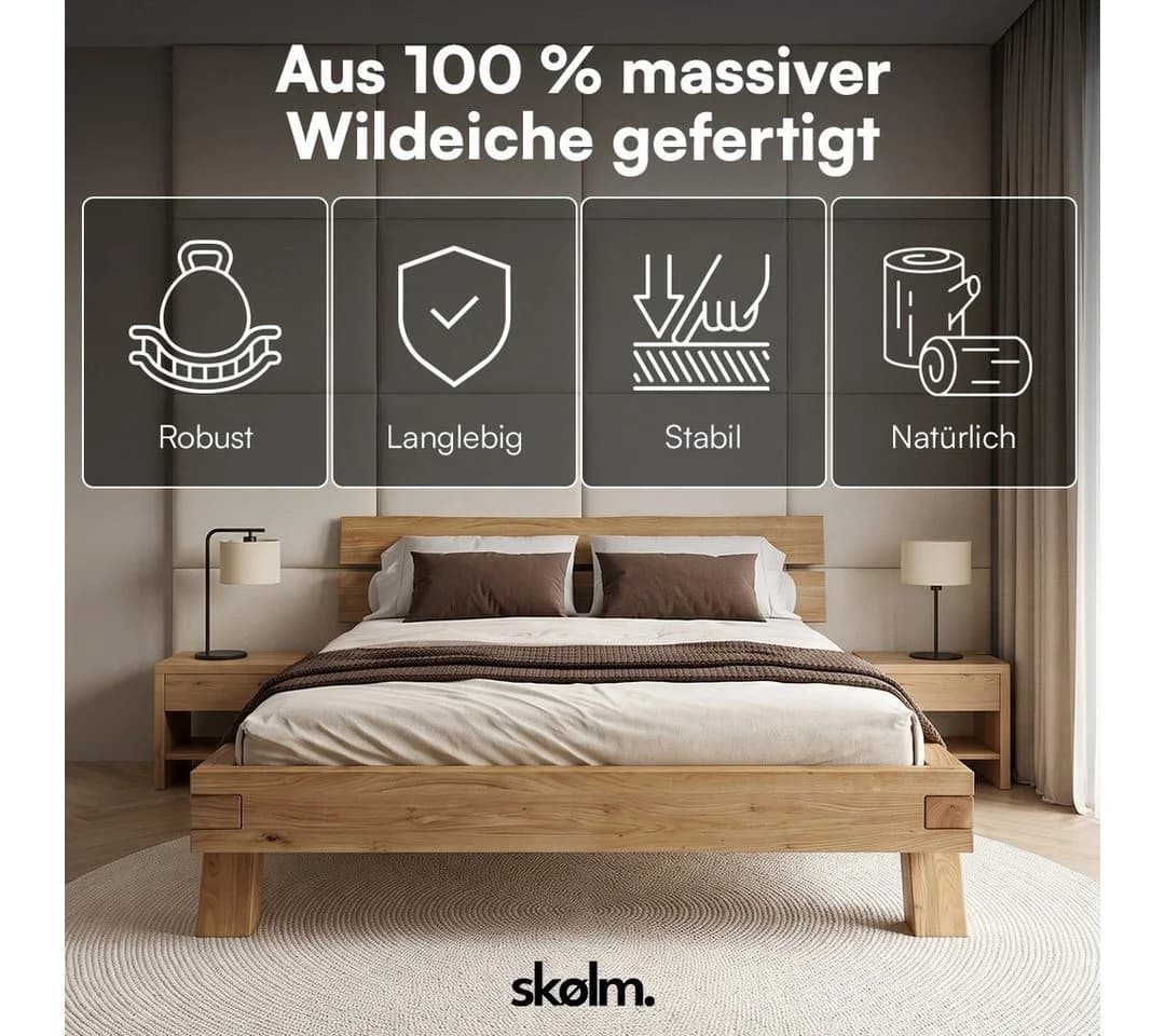 skølm Massivholzbett Hervar Wildeiche Beige Balkenbett