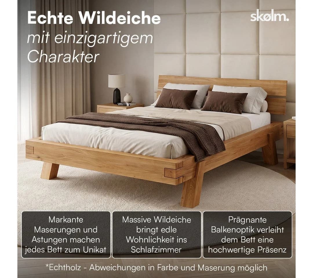 skølm Massivholzbett Hervar Wildeiche Beige Balkenbett - Bild 3