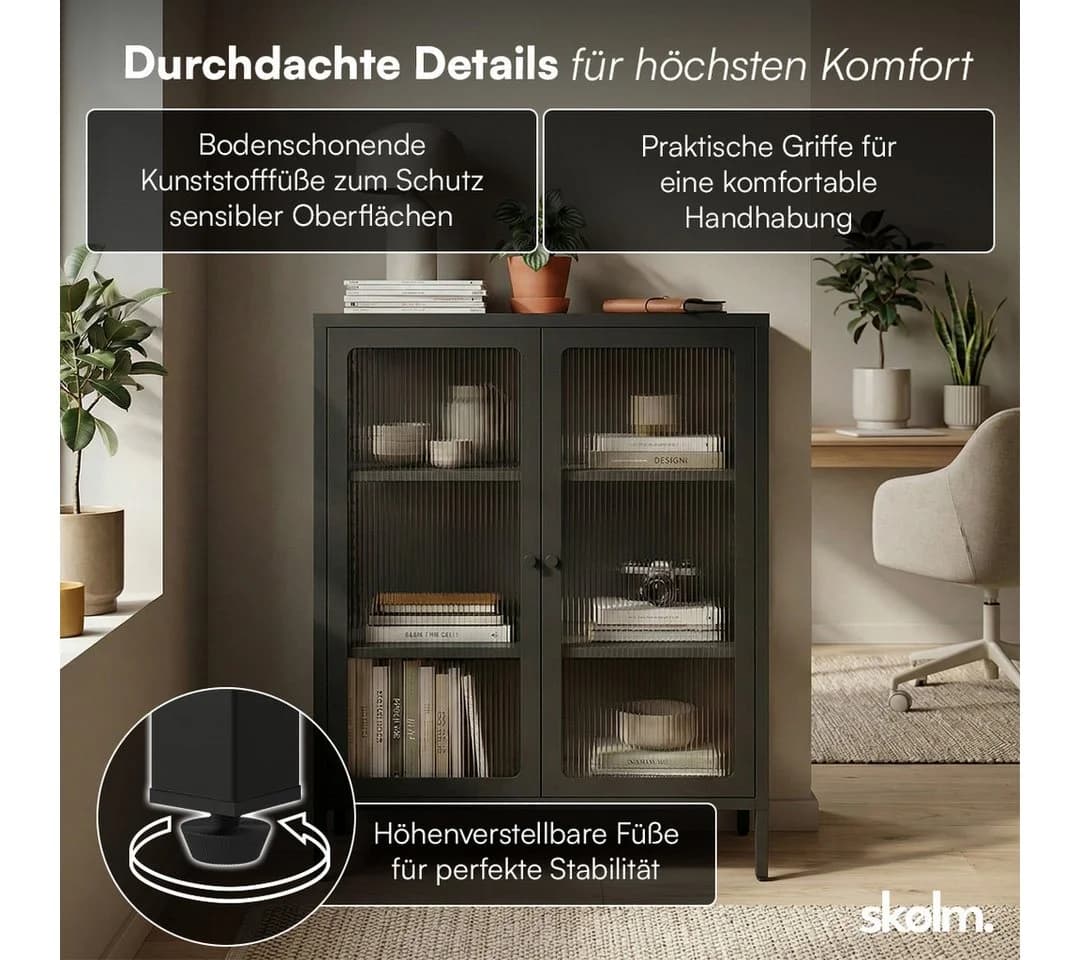 skølm Highboard Norns Vitrinenschrank Schwarz Metall mit Glastüren - Bild 4